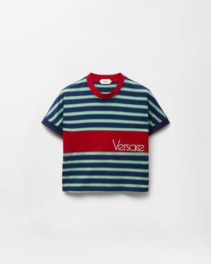 Versace Embroidered-Logo Striped-Intarsia Cotton T-Shirt - Blue