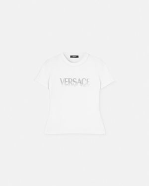 Versace T-Shirt Aderente Con Logo E Cristalli - Bianco