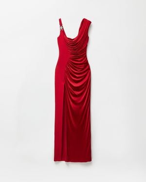 Versace Asymmetric Ruched Satin Gown - Red
