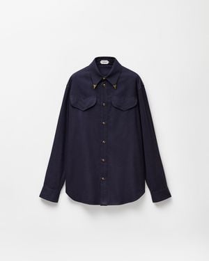 Versace Herringbone Flannel Cotton Regular Shirt - Blue