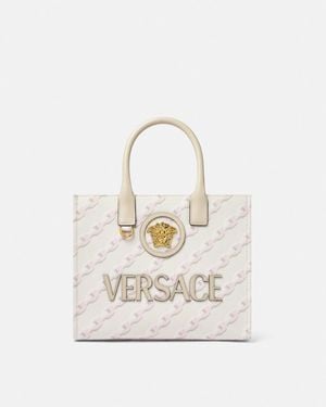 Versace Chain Stripes La Medusa Small Tote Bag - White