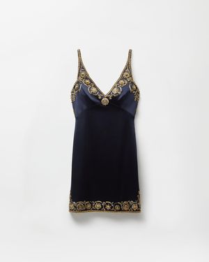 Versace Embroidered Silk Cady Satin Mini Dress - Blue