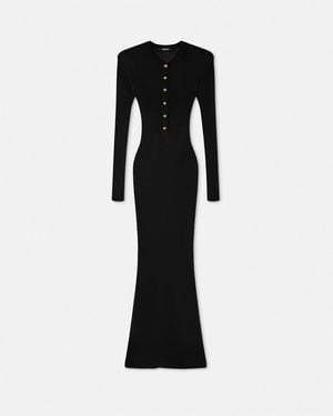 Versace Long Fitted Wool Dress With-Tone Button - Black