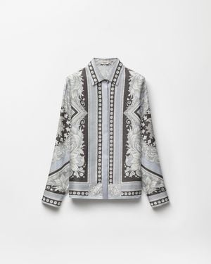Versace Camisa De Sarga De Seda Con Estampado - Gris