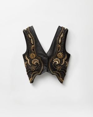 Versace Embroidered Crop Leather Vest - Black