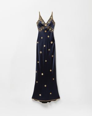 Versace Embroidered Silk Cady Satin Gown - Blue