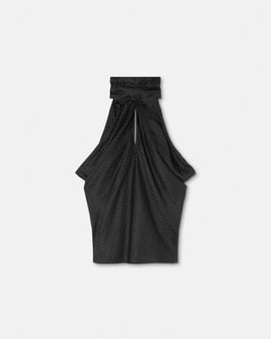Versace V Allover Jacquard Silk Lavallière Top - Black