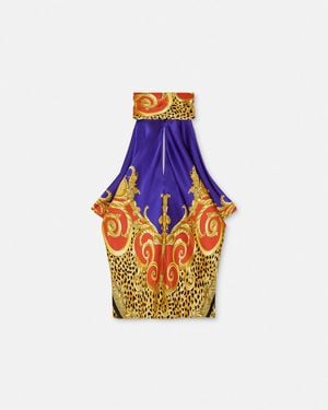 Versace Cheetah Barocco Silk Lavallière Top - Blue
