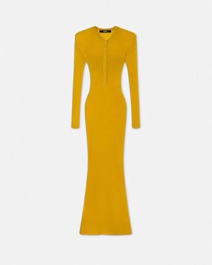 Versace Robe Longue En Maille De Mérinos Côtelée - Jaune