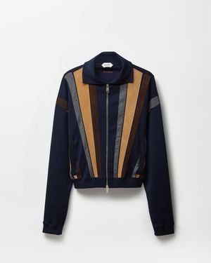 Versace Intarsia-Wool & Leather Patchwork Zip Sweater - Blue