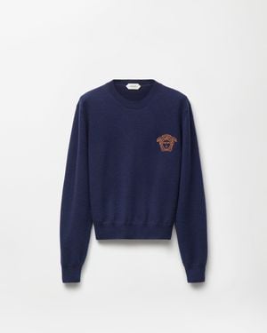 Versace Embroidered Cashmere Knit Crewneck Sweater - Blue