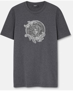 Versace Camiseta Ajustada De Punto De Algodón Bordada - Gris