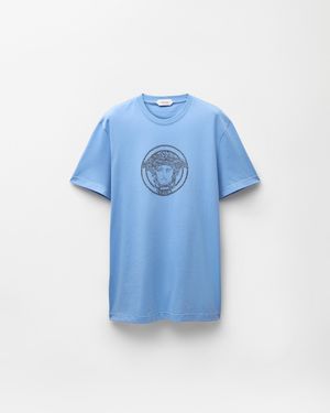 Versace Camiseta De Punto De Algodón Con Logotipo Bordado - Azul
