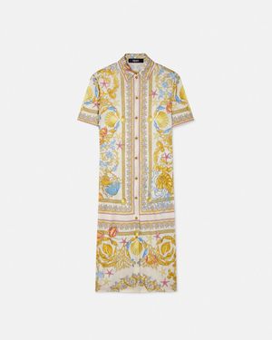 Versace Underwater Barocco Fitted Midi Shirt Dress - Metallic