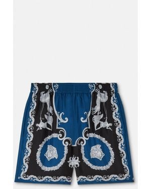 Versace Pantalones Cortos De Seda Con Estampado - Azul