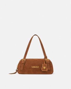 Versace Tag Suede Bowling Shoulder Bag - Brown