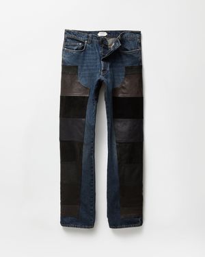 Versace Leather Patchwork Straight Jeans - Blue