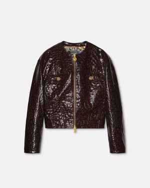 Versace Veste En Cuir Verni Effet Croco - Marron