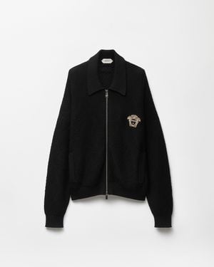 Versace Embroidered Wool Zip Cardigan - Black