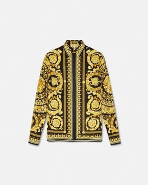 Versace Camicia Stampa Barocco In Seta Gialla E Nera Donna - Yellow