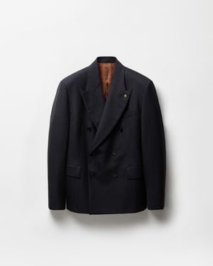 Versace Pinstripe Wool Boxy Blazer - Blue