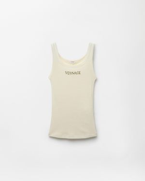 Versace Embroidered Wool Ribbed Tank Top - White