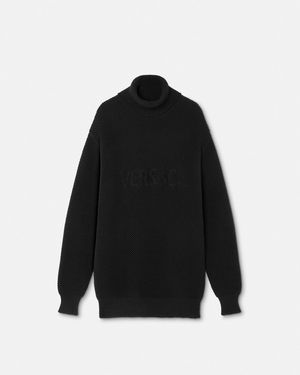 Versace Logo Knit Long Turtleneck Sweater - Black