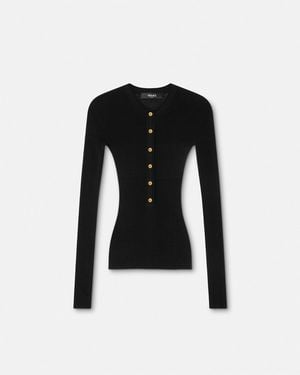 Versace Merino Wool Ribbed Knit Henley Top - Black