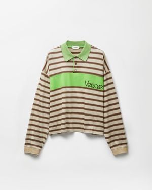 Versace Embroidered-Logo Striped-Intarsia Cotton Polo - Green