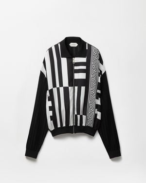 Versace Printed Silk Inserts Knit Zip Cardigan - Black