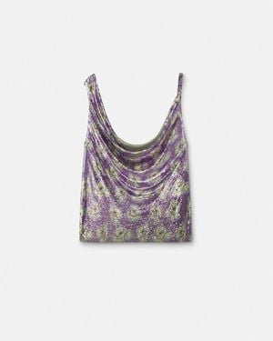 Versace Poppies Metal Mesh Draped-Neck Top - Multicolor