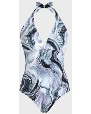 Vilebrequin Halter One-piece Swimsuit Marble - Swimwear - Famous - White - Size M - Blue