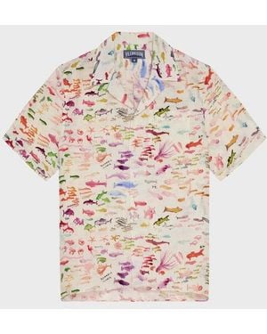 Vilebrequin Linen Bowling Shirt Pescador - X Fabrice Hyber - Shirt - Charli - White - Size M - Pink