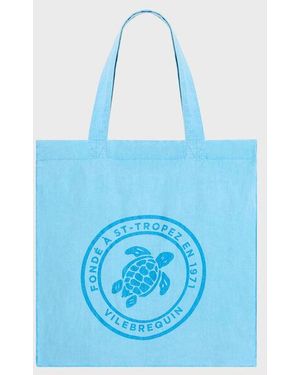 Vilebrequin Linen Mineral Dye Tote Bag Tortue - Blue