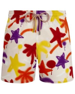 Vilebrequin Pantaloncini Mare Uomo Corti Elasticizzati Spray Paint - Rosa