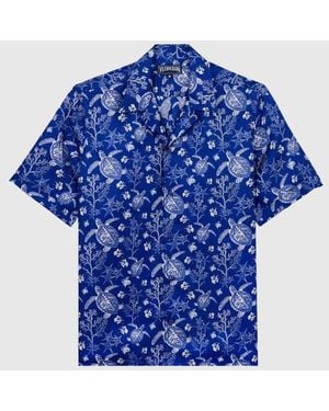 Vilebrequin Silk Bowling Shirt X-ray Turtles - Blue