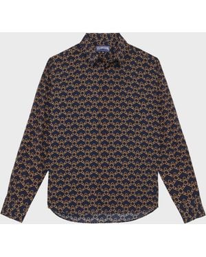 Vilebrequin Cotton Voile Shirt Turtles Chain - Che - Caracal - Blue - Size S - Gray