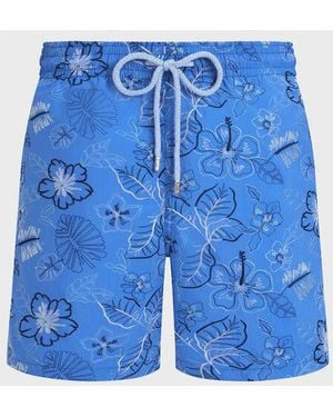 Vilebrequin Embroidered Swim Trunks Island Flowers - Limited Edition - Swimwear - Mistral - Blue - Size S