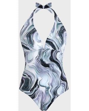 Vilebrequin Halter One-piece Swimsuit Marble - Swimwear - Famous - White - Size M - Blue