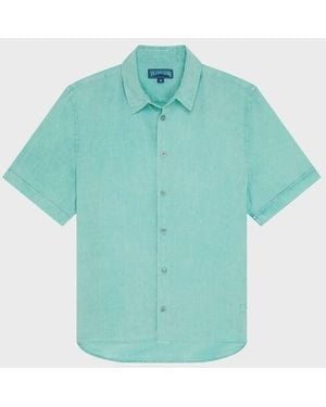 Vilebrequin Mineral Dye Linen Bowling Shirt - Shirt - Courbis - Green - Size S - Blue