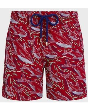 Vilebrequin Pantaloncini Mare Uomo Ricamati Whales Offset - Rosso