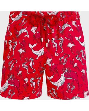 Vilebrequin Stretch Short Swim Shorts Whales Love - Swimwear - Moorise - Red - Size Xs