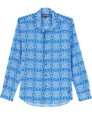 Vilebrequin Cotton Voile Lightweight Shirt Turtles - Blue