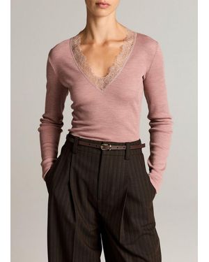 Vince Lace-Trim Ribbed Long-Sleeve V-Neck Top - Black
