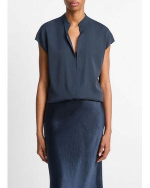 Vince Contrast-Placket Stretch-Silk Cap-Sleeve Blouse - Blue