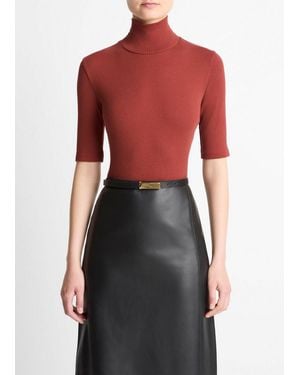 Vince Ribbed Cotton Elbow-Sleeve Turtleneck Top - Red