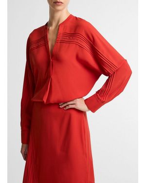 Vince Pintuck Satin Half-Placket Blouse - Red
