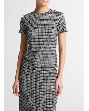 Vince Plaid Grid-Knit Short-Sleeve Crew Neck Top - Grey