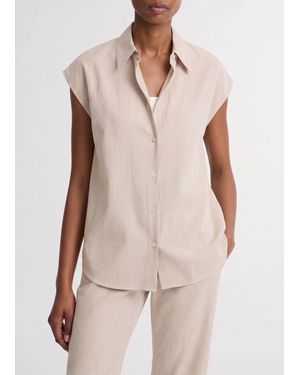 Vince Ticking Stripe Linen-Cotton Cap-Sleeve Blouse - Natural