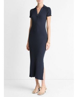 Vince Ribbed Cotton-Blend Polo Dress - Blue